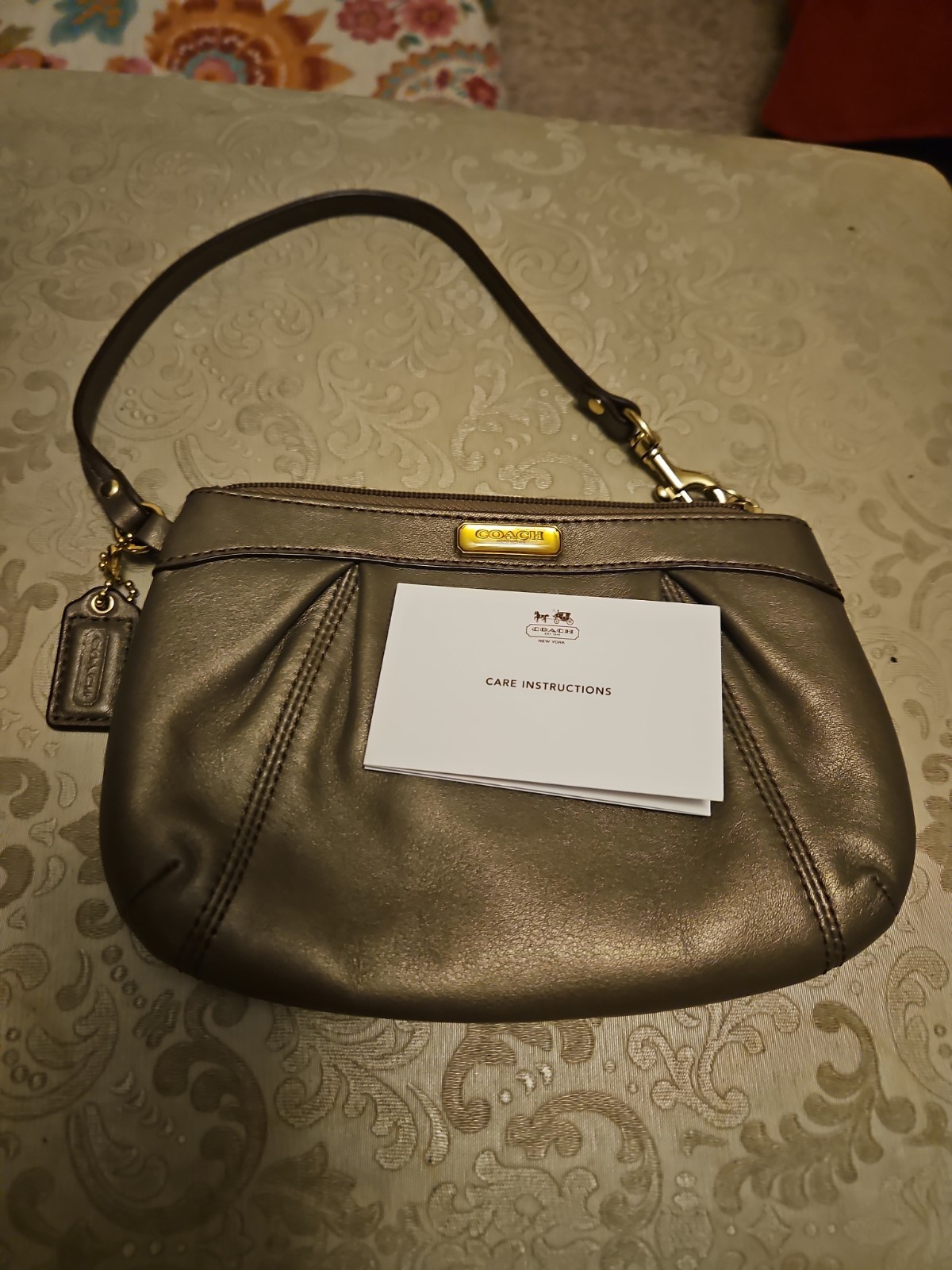 Coach Wristlet Bag Smooth Leather Sateen Pewter Zip 7.5”x5.5”