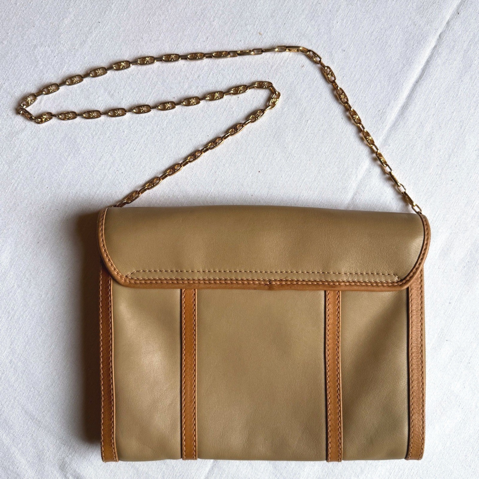Vintage Celine Paris Triomphe Leather Chain Crossbody Tan Gold Hardware Flap