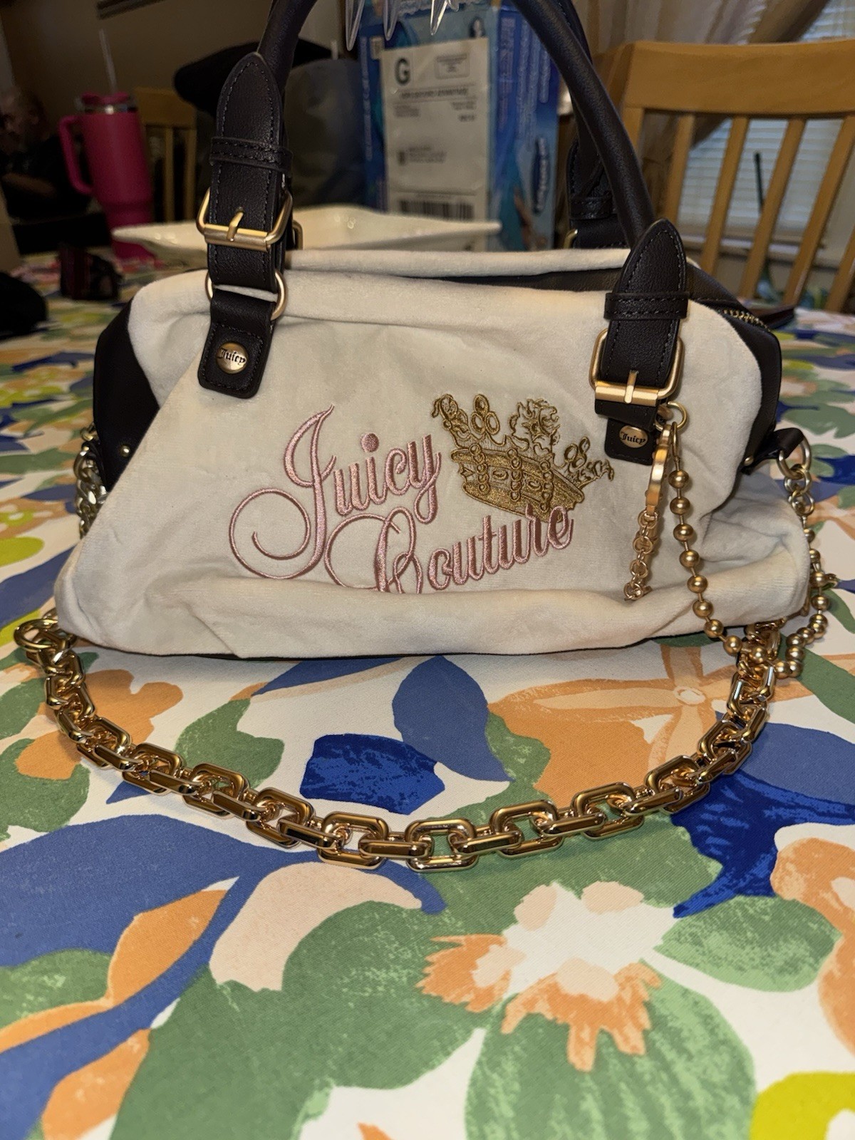 Juicy Couture Velour Satchel Key Charm Pink Logo Crossbody Shoulder Bag NEW
