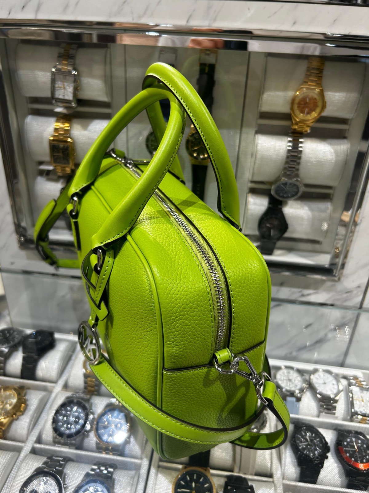 Michael Kors Thompson Medium Leather Satchel Purse Bag Lime Crossbody Mk Handbag