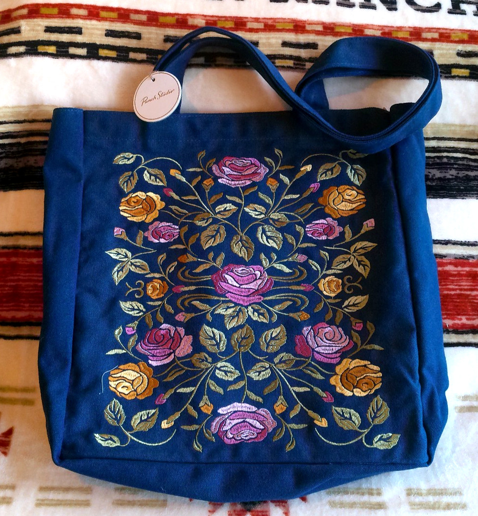 PUNCH STUDIO LARGE TOTE COTTON CANVAS EMBROIDERED ROSES BLUE W/LINING 15″ X 15″