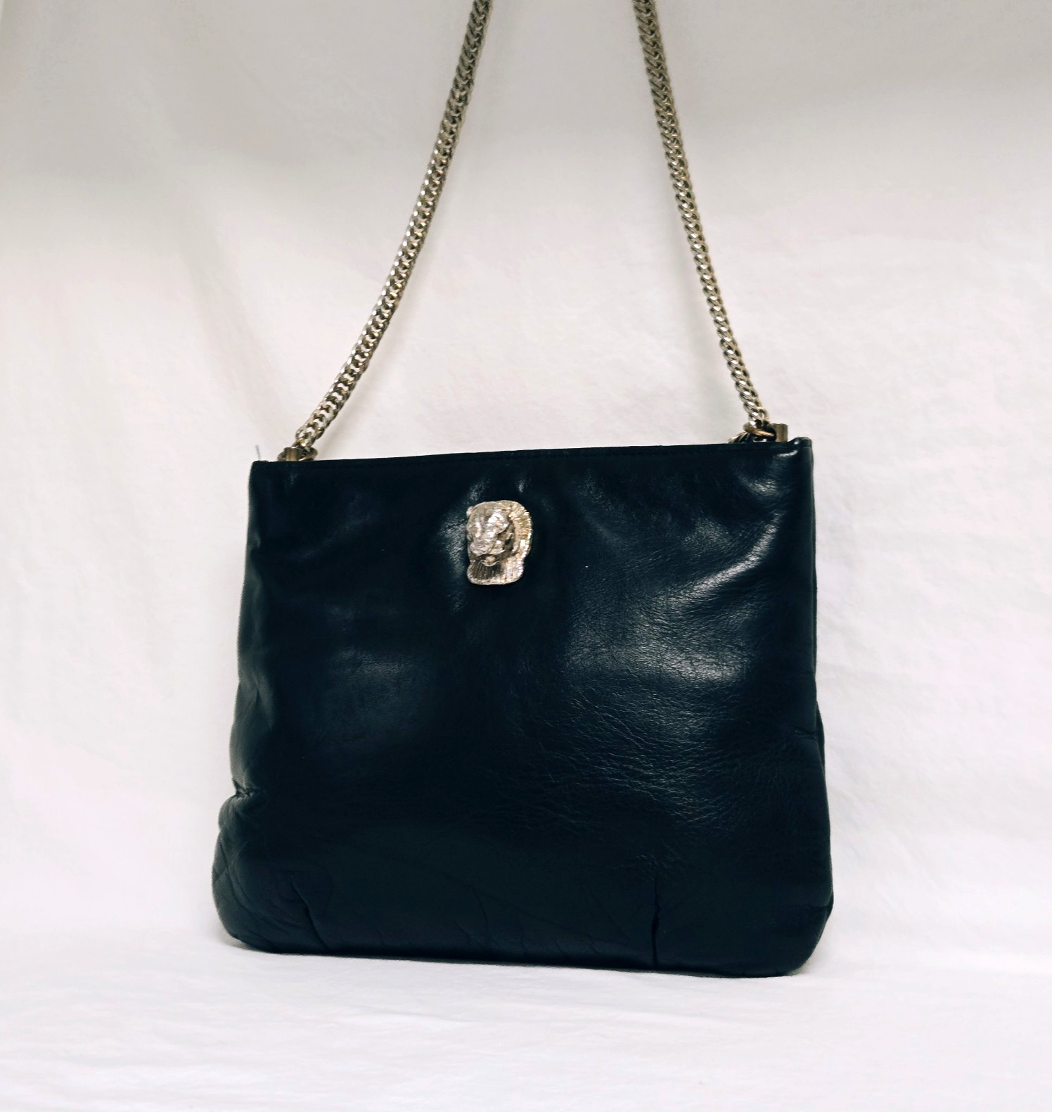 Ruth Saltz 1970s Leather Purse Handbag Cougar Motif Convertible Chain Hardware