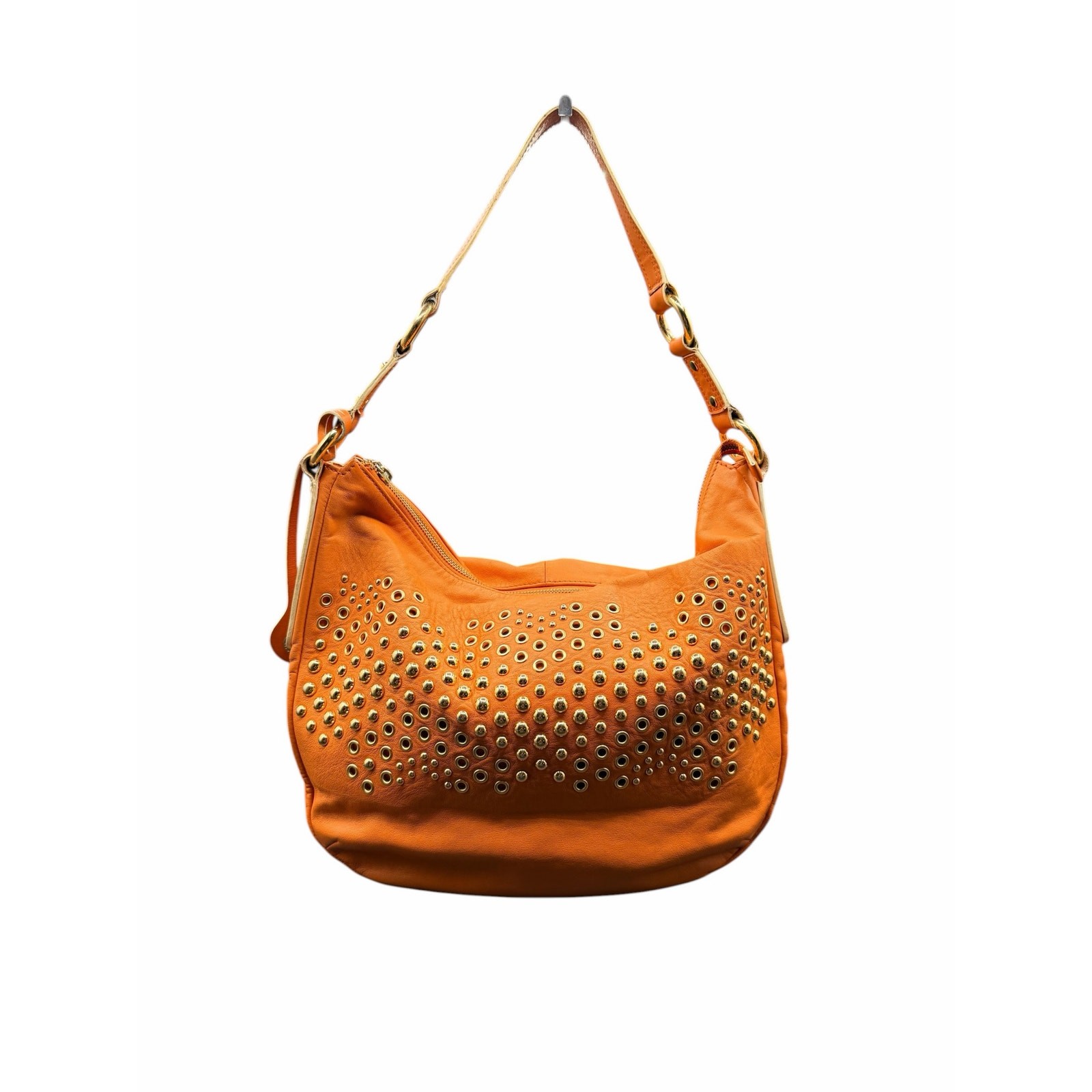 Via Spiga Orange Leather Studded Hobo Shoulder Bag Boho Gold Studs