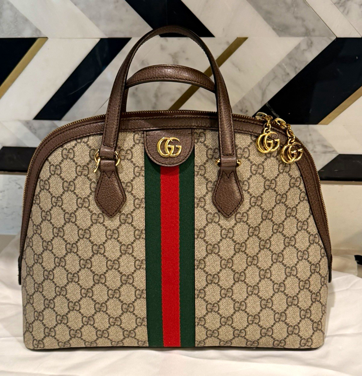 Gucci GG Monogram Web Stripe Top Handle Satchel Zip Bag w/ Detachable Strap