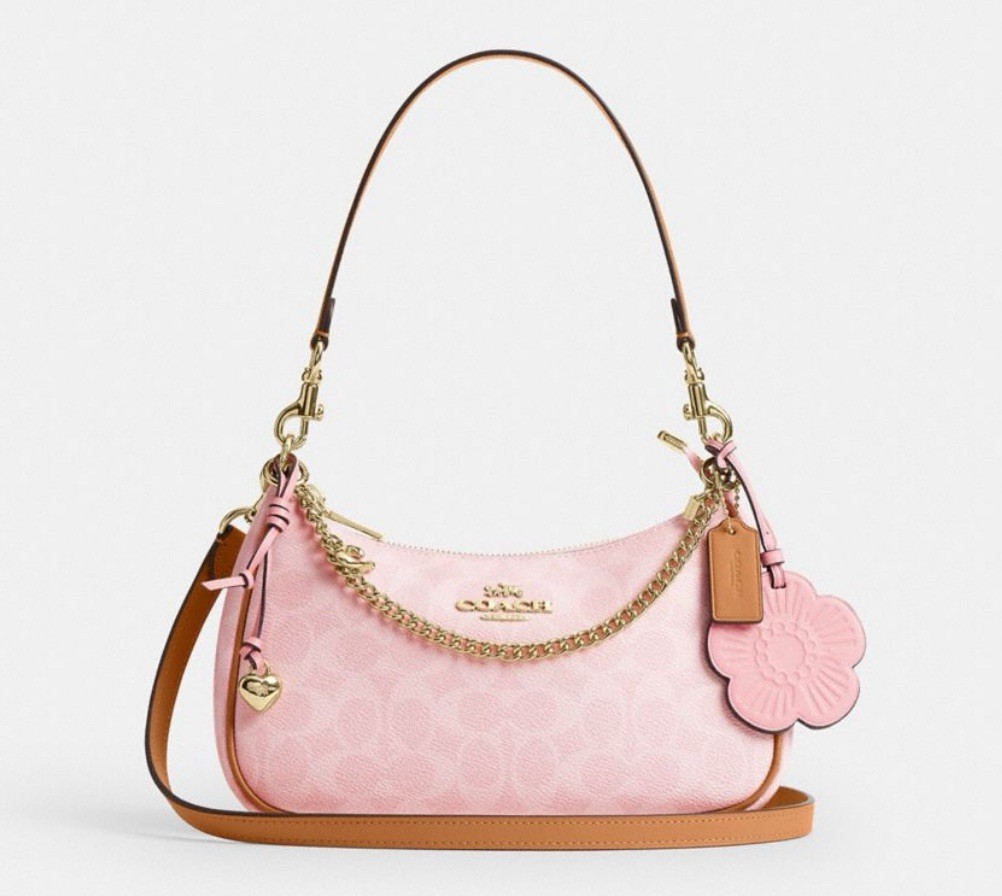NWT Coach Gold Powder Pink Teri Shoulder Bag Signature with Charms CEA20