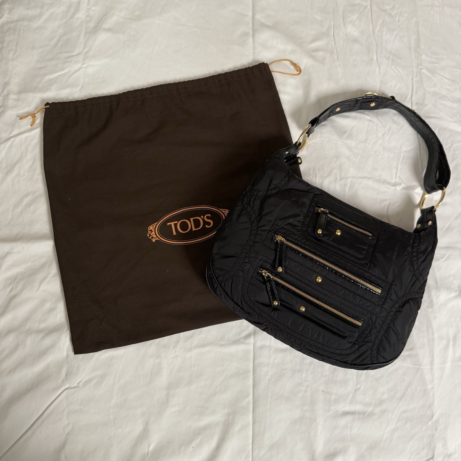 Tod’s Black Shoulder Bag Gold Hardware Zip Closure w/ Dust Bag