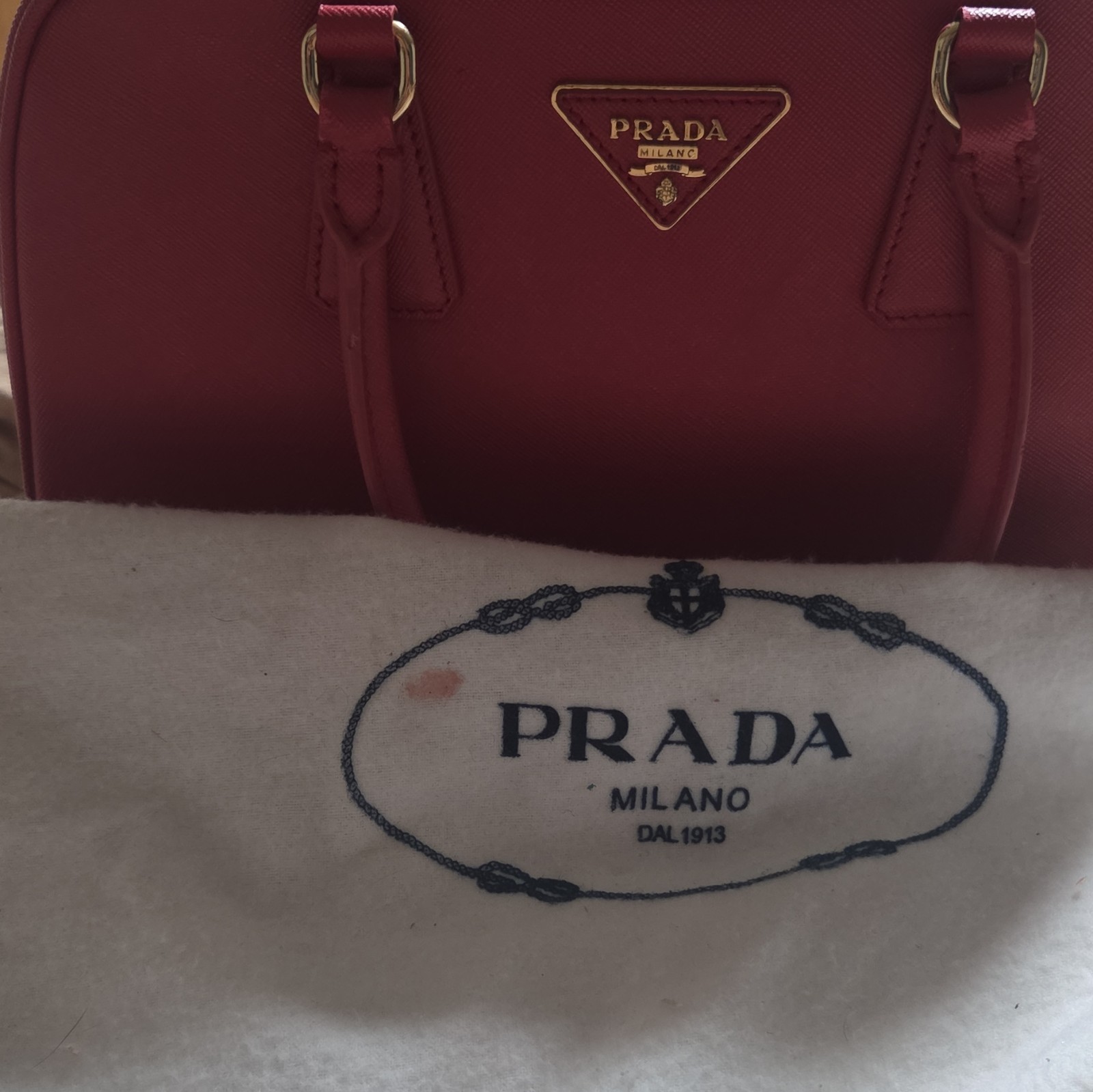 PRADA Red Zip Satchel Top Handle Bag Gold Hardware Double Handles Dust Bag