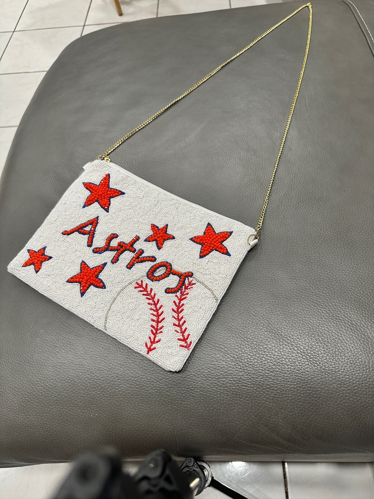 Houston Astros Glam Beaded Purse Clutch Makeup Travel Bag Orange Blue White NEW