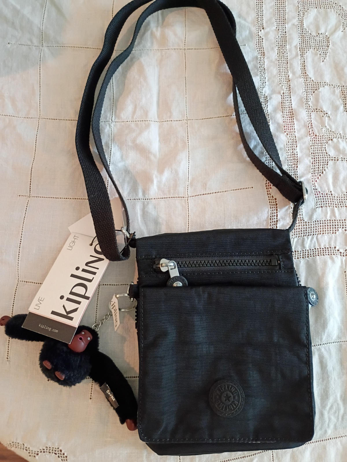 Kipling Small Black Crossbody Bag Zip/Snap Monkey Charm El Dorado Adjustable