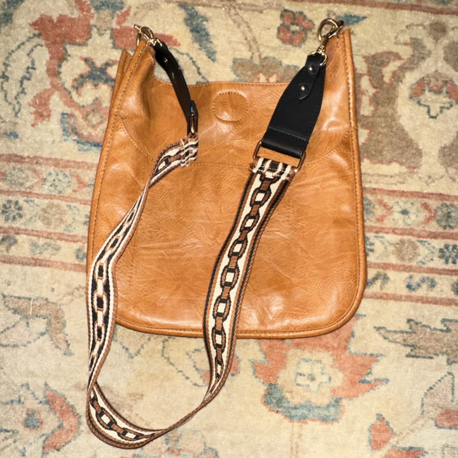 Brown Shoulder Bag Patterned Strap Adjustable Magnetic Closure Gold Hardware