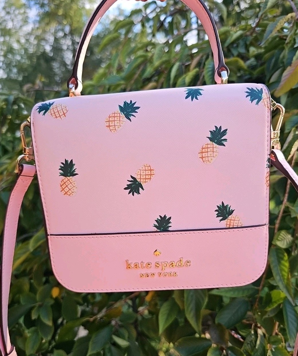 Kate Spade Staci Square Pink Pineapple Crossbody Handbag Purse Saffiano *READ