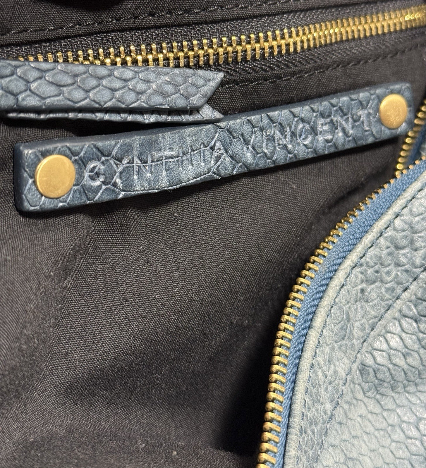 Cynthia Vincent Blue snakeSkin Embossed Leather Oversized Tote shoulder Bag
