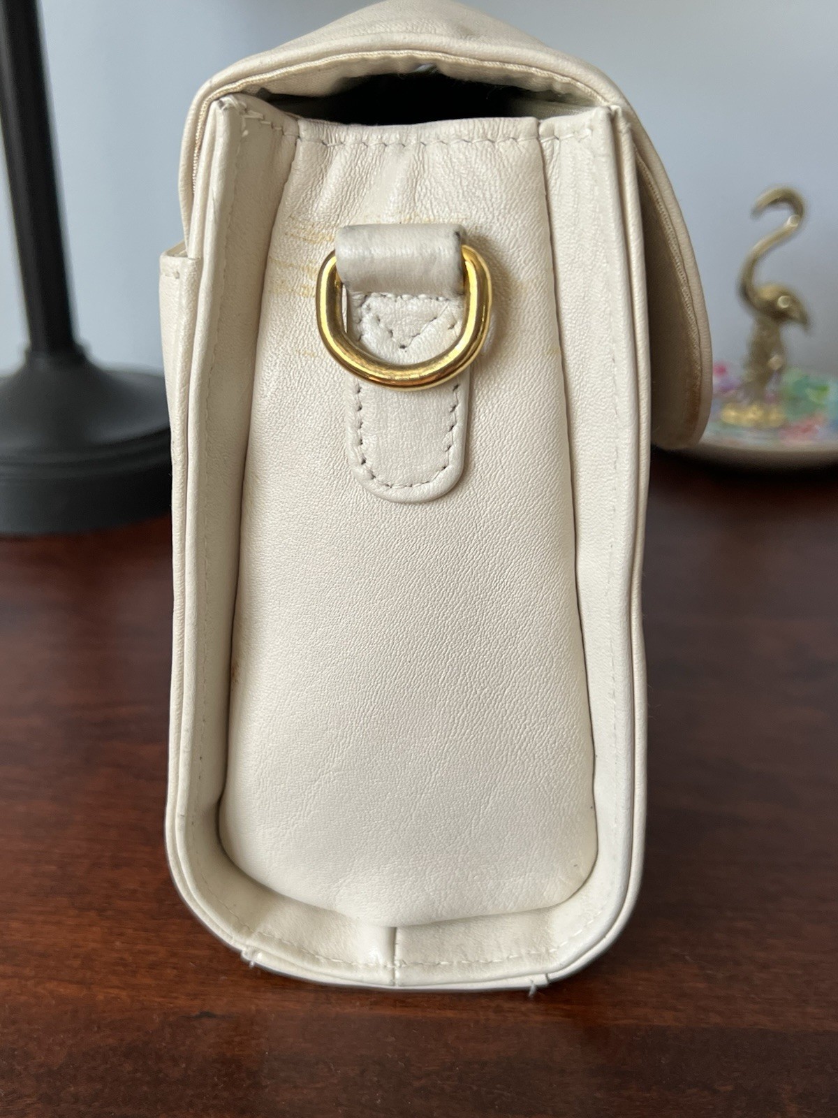 Etienne Aigner Leather Ivory Handbag with Crossbody Adustable Strap Gold Accents