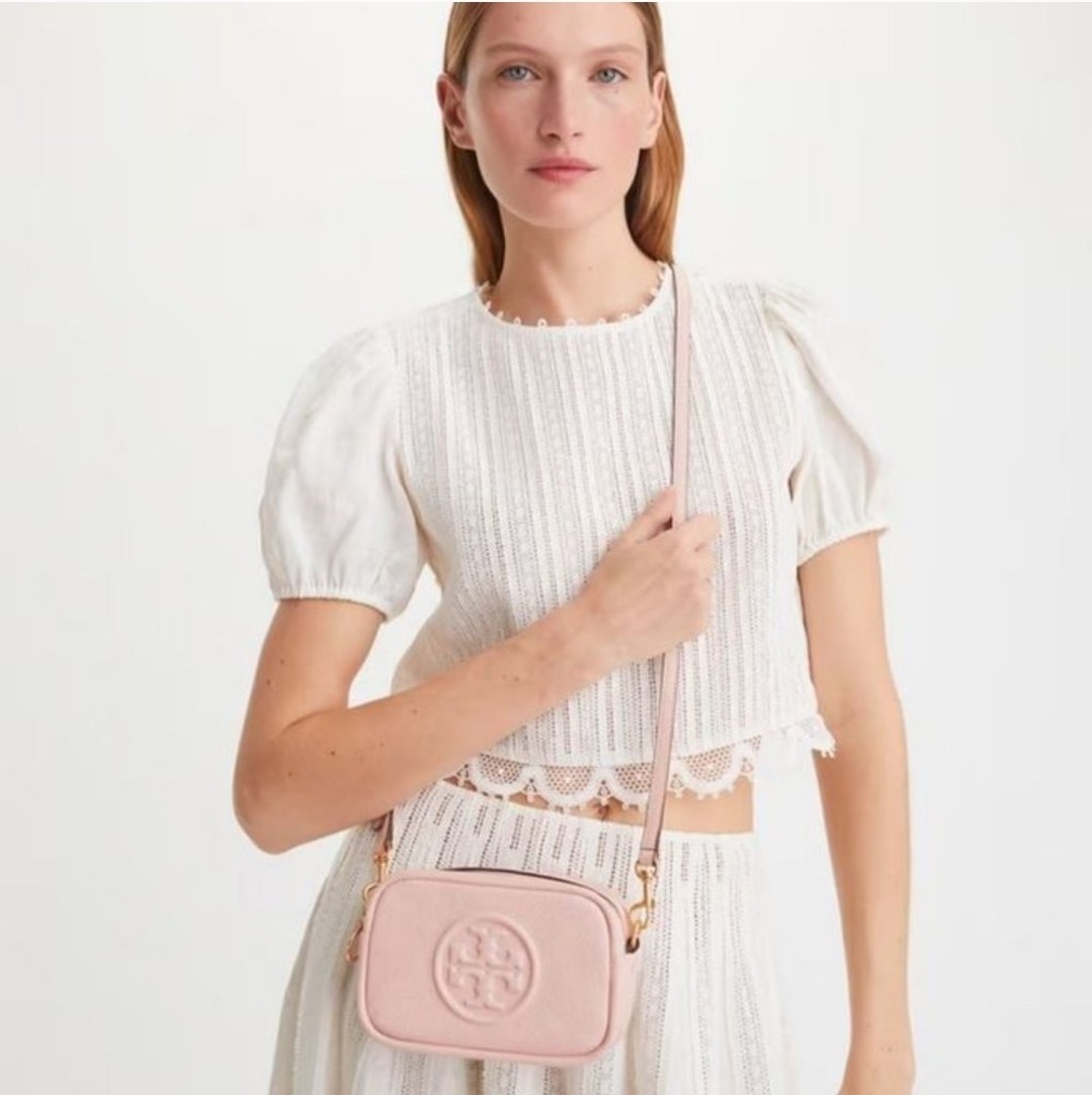 NWT Tory Burch Perry Bombe Mini Leather Crossbody Bag SHELL Pink Enbossed Logo