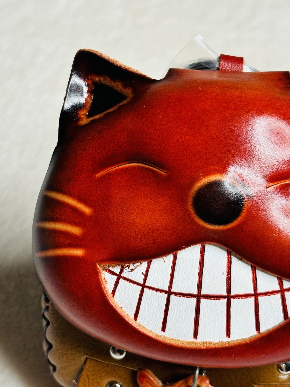 Handmade Leather Red Cat Fish Face Pouch Wristlet High Quality Zipper Mini Bag