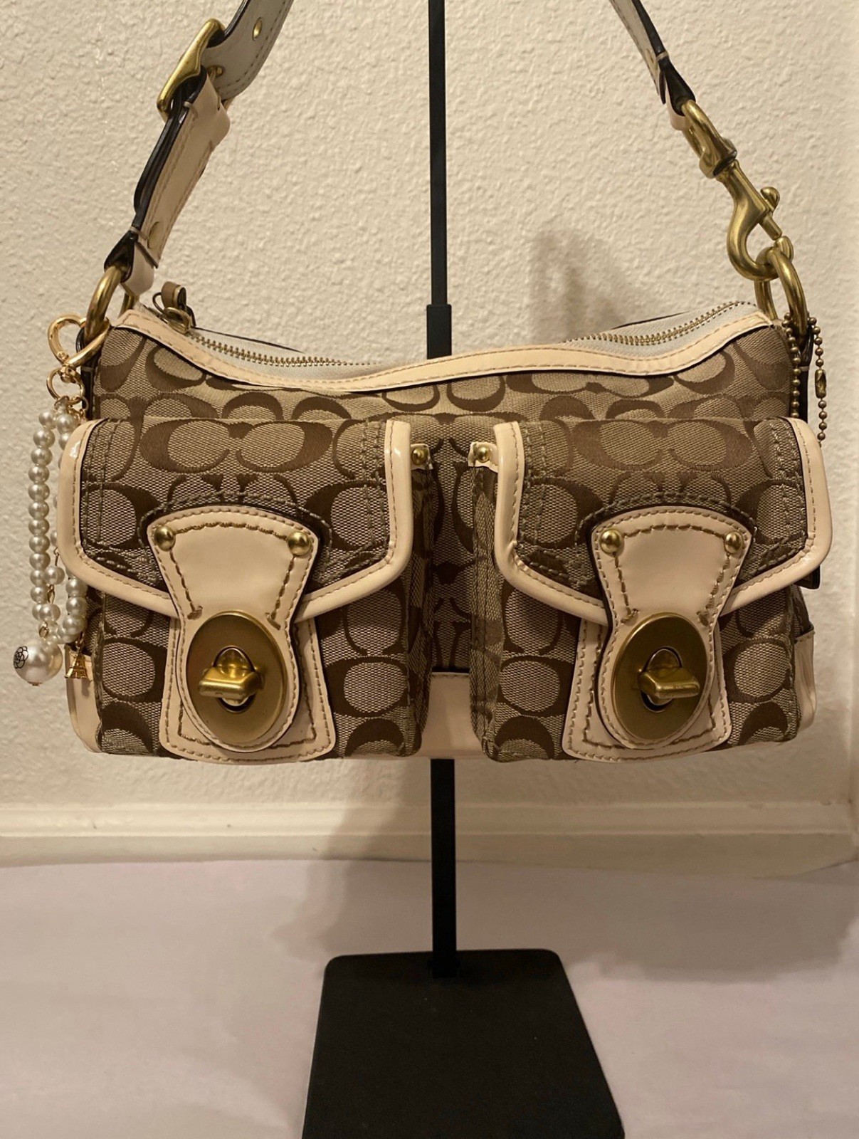 Coach Legacy Signature Canvas Shoulder Bag in Brown with Cream Trim