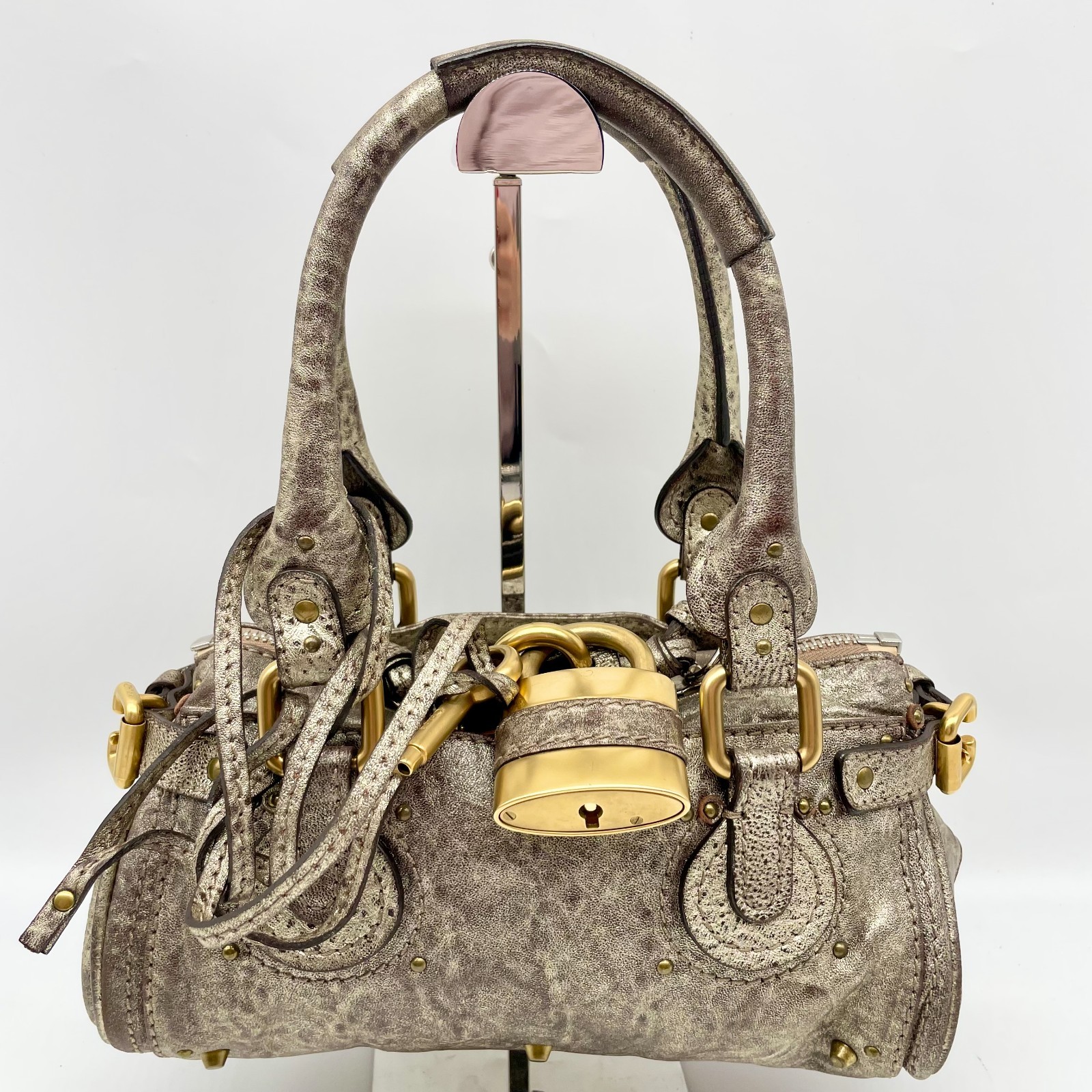 Chloe Mini Paddington Handbag Metallic glitter Silver Padlock Tote bag Y2K Auth