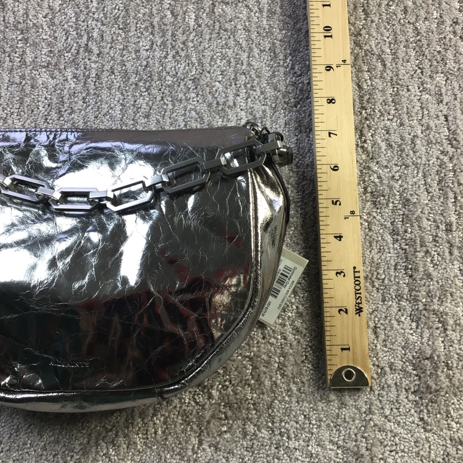 AllSaints Madea Mini Chain Bag Gunmetal Grey Metallic Leather W221XB NWT