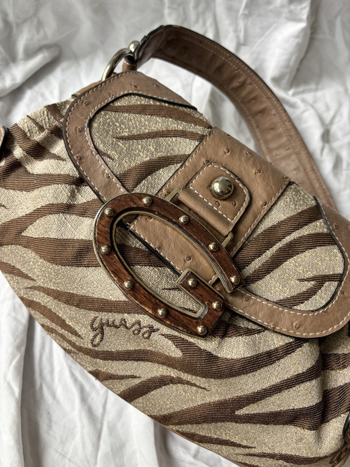 Guess Zebra Jacquard Shoulder Bag Ostrich Embossed Trim Y2K Baguette Purse