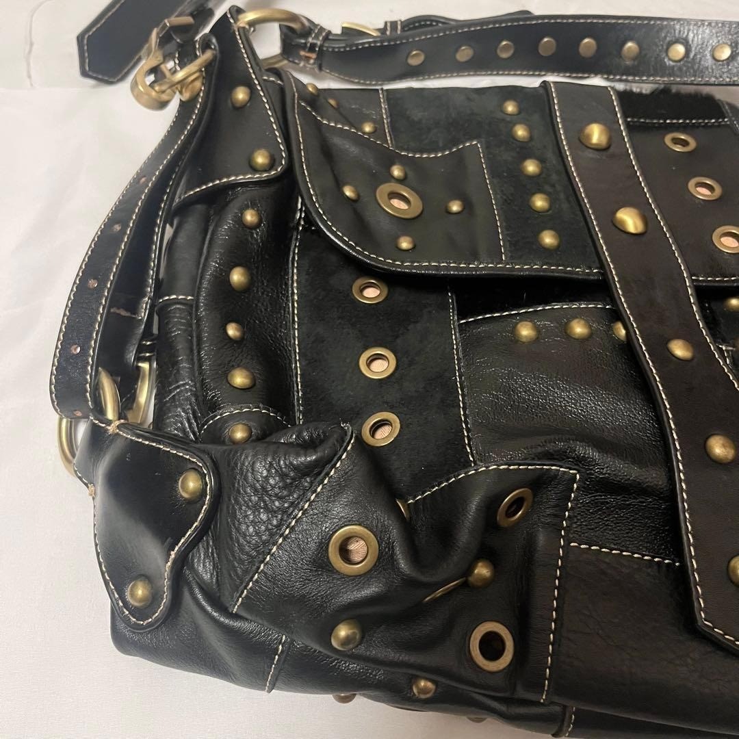 Y2K Leather Studs Shoulder Bag Punk Rock Grunge Black Gold Rare Streetwear