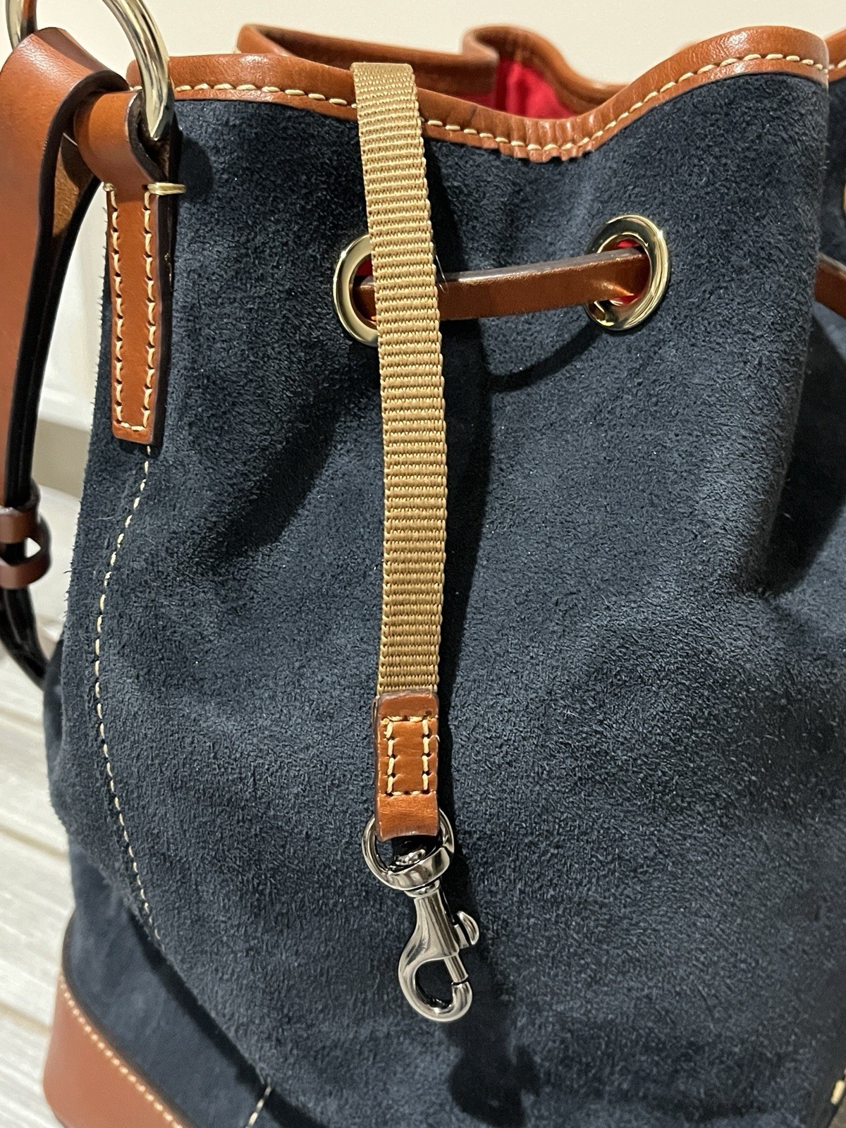 Dooney & Bourke Marine Blue Suede Tasha Drawstring Bucket Shoulder Bag Navy