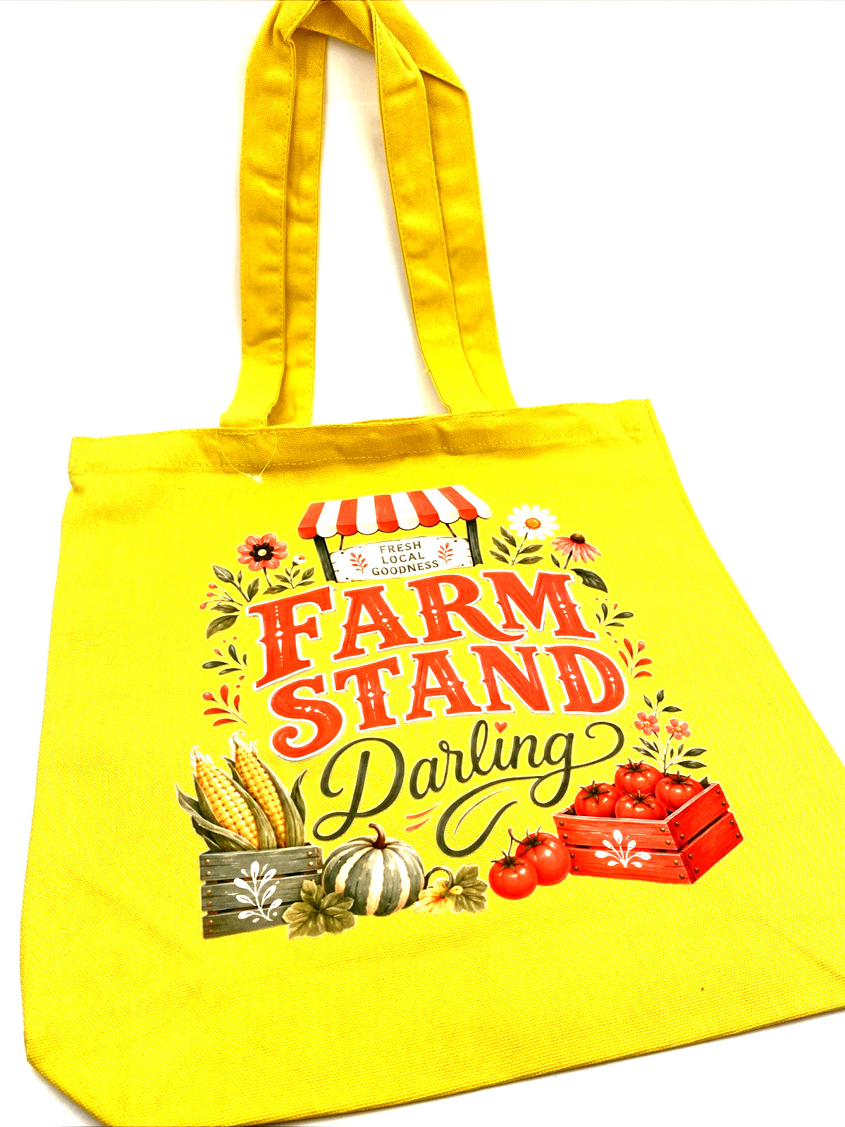 Farm Stand Tote Bag Yellow Graphic Cotton Canvas Carry Handle 13.5 x 13.5