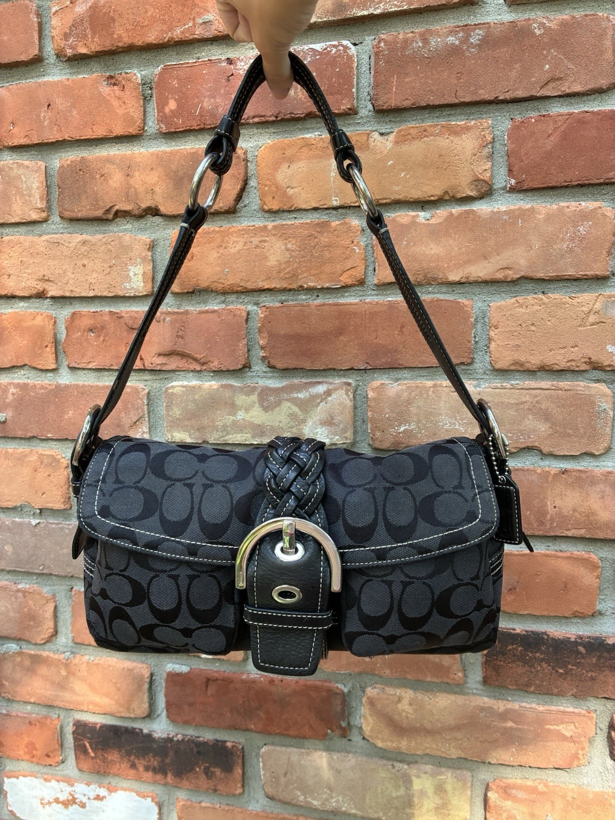 Y2K Vintage Coach Black Monogram Braided Double Pocket Buckle Soho Shoulder Bag