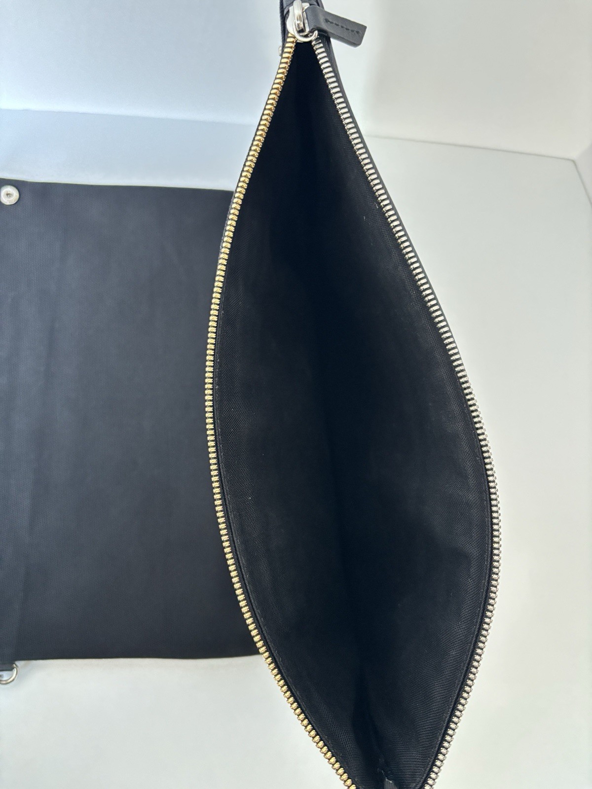 WANT Les Essentiels De La Vie Woven Leather Trim Zip Clutch Pouch Black Beige