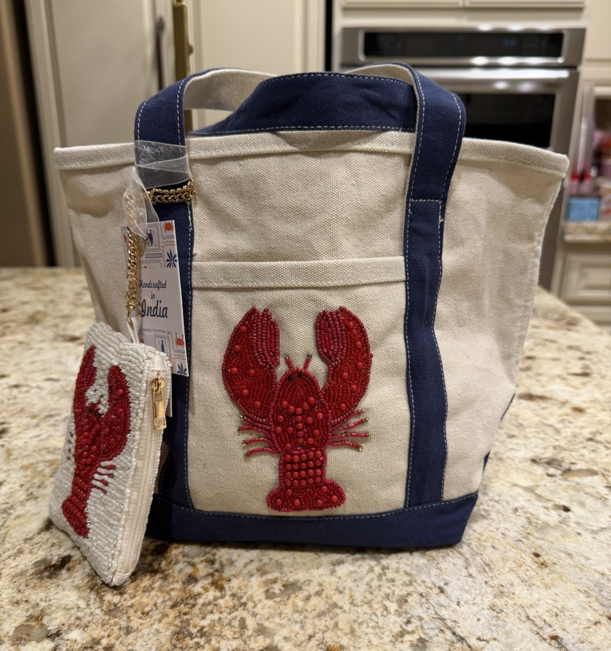 Viral Beige/Blue Beaded Lobster Tote Bag w/ matching beaded lobster coin purse.