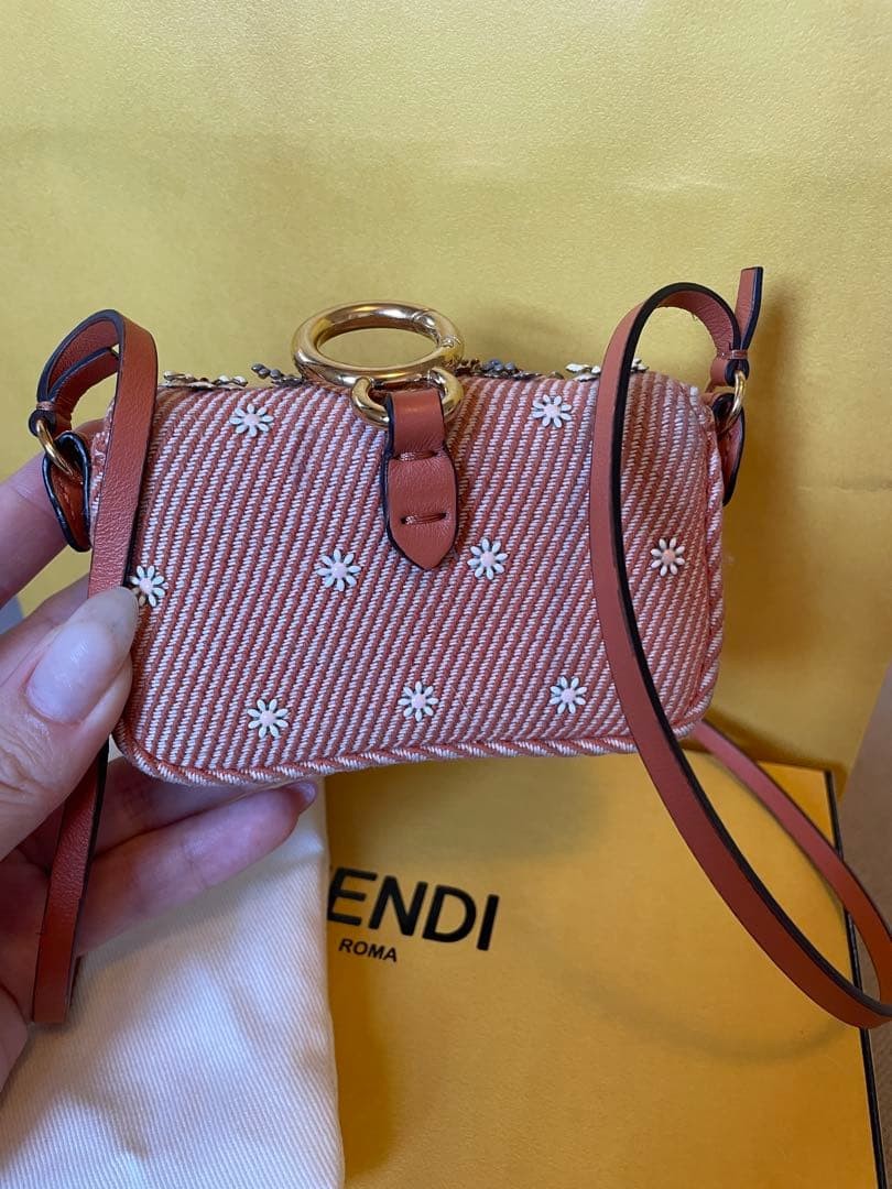 FENDI Nano Baguette Charm Orange Denim Floral Bead Crossbody Mini Bag 3.94 inch