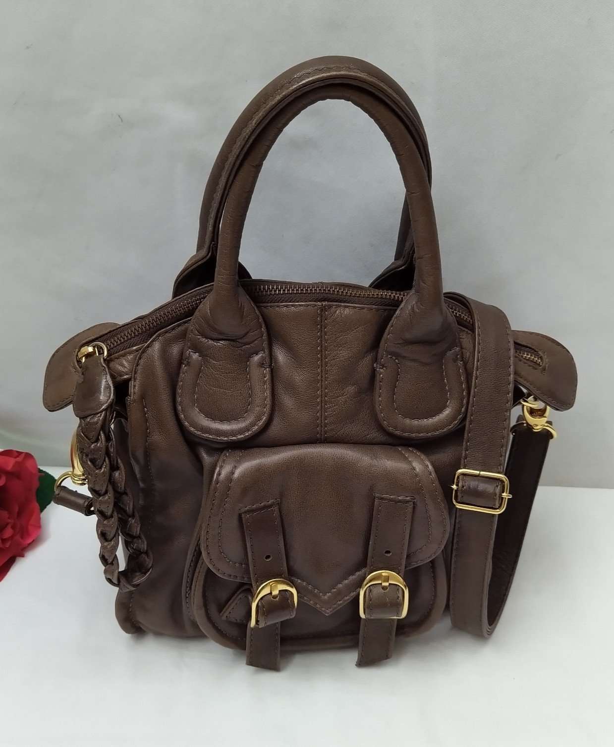 Bulga Brown Leather Buckle Pockets Double Handles Zipper Satchel Bag – $275