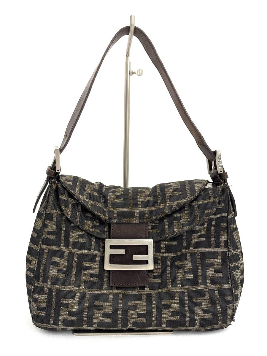 FENDI Mamma Baguette Shoulder Handbag Zucca Pattern Khaki Black Leather Brown