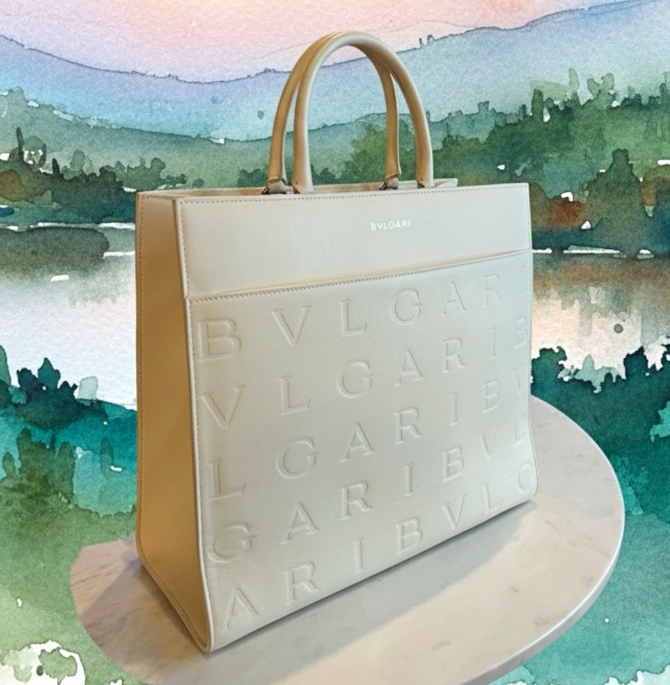 Bvlgari Logo Embossed Ivory Tote, Gold Hardware, Inner Pockets