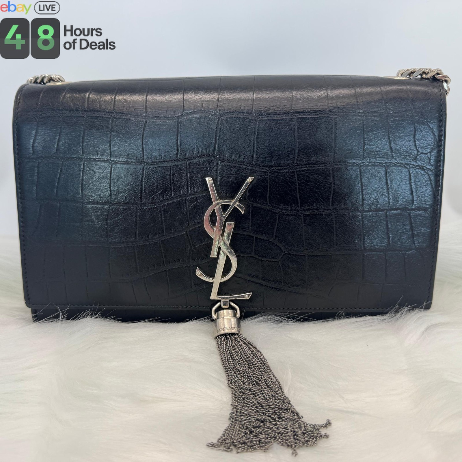 Q21 Yves Saint Laurent YSL Kate Croc Embossed Leather Tassel Flap Shoulder Bag