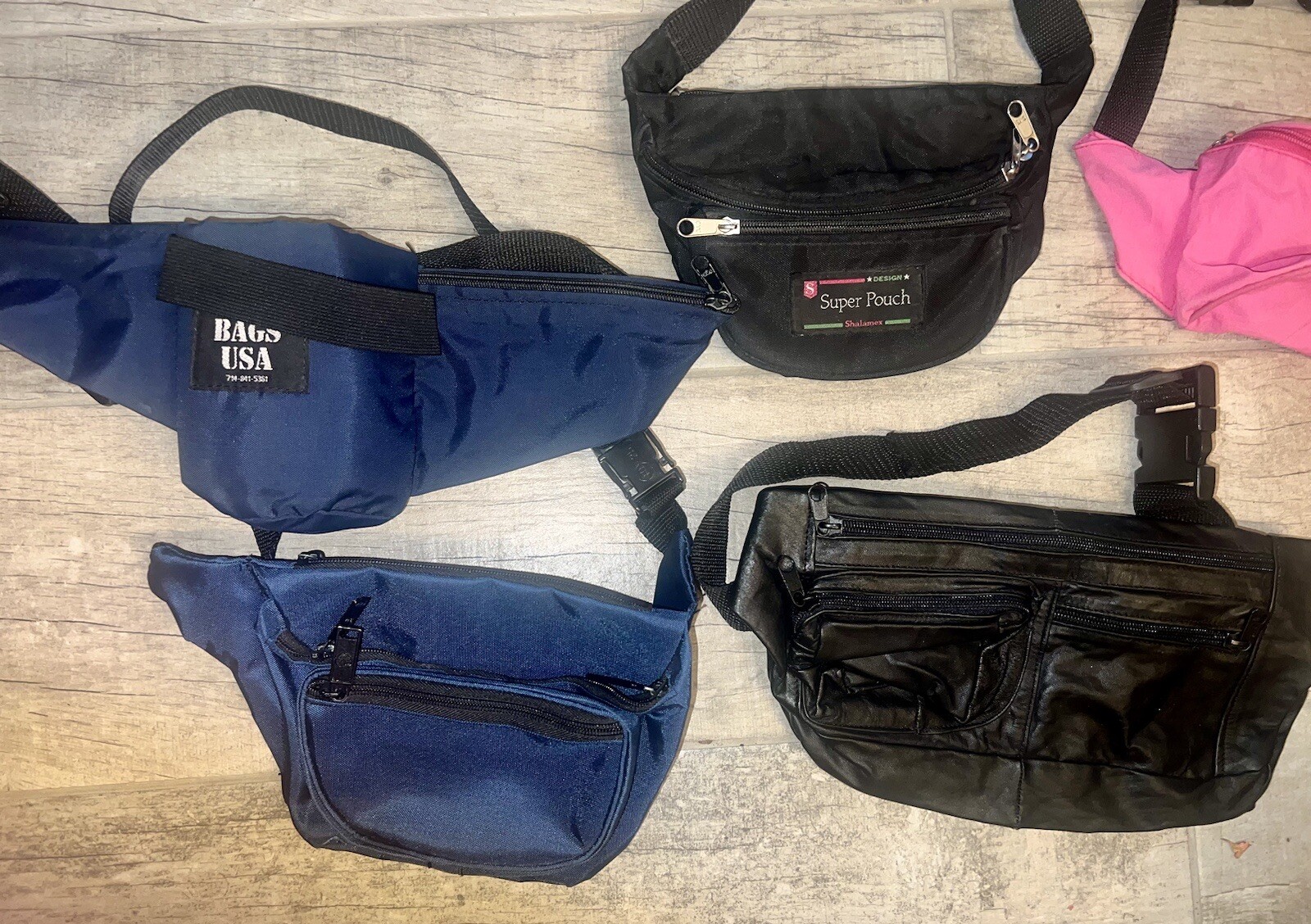 Lot Of 5 Fanny Packs Black Leather, Pink And Blue