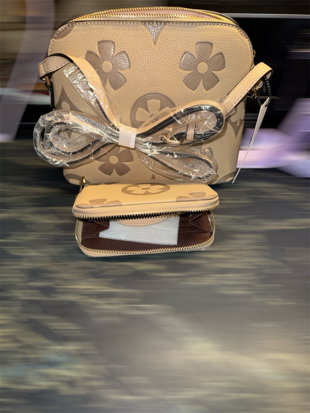 Beige Brown Floral Small Crossbody Bag Zip Gold Hardware (matching wallet)