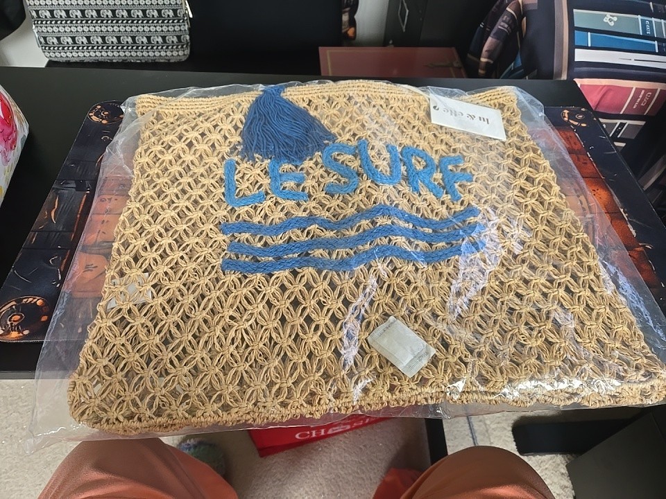Lu & Elle Woven “LE SURF” Tan Blue Woven Beach Tote