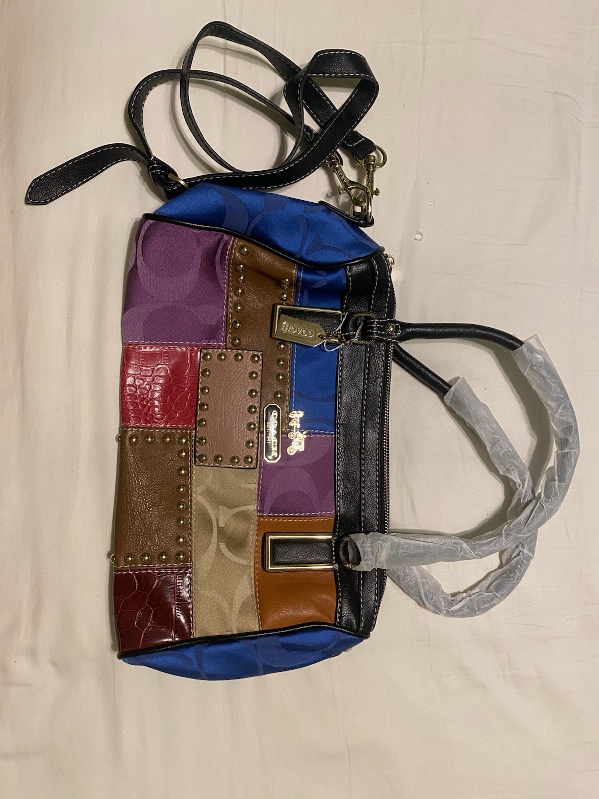 Coach Multicolor Patchwork Studded Satchel Top Handle Bag Detachable Strap