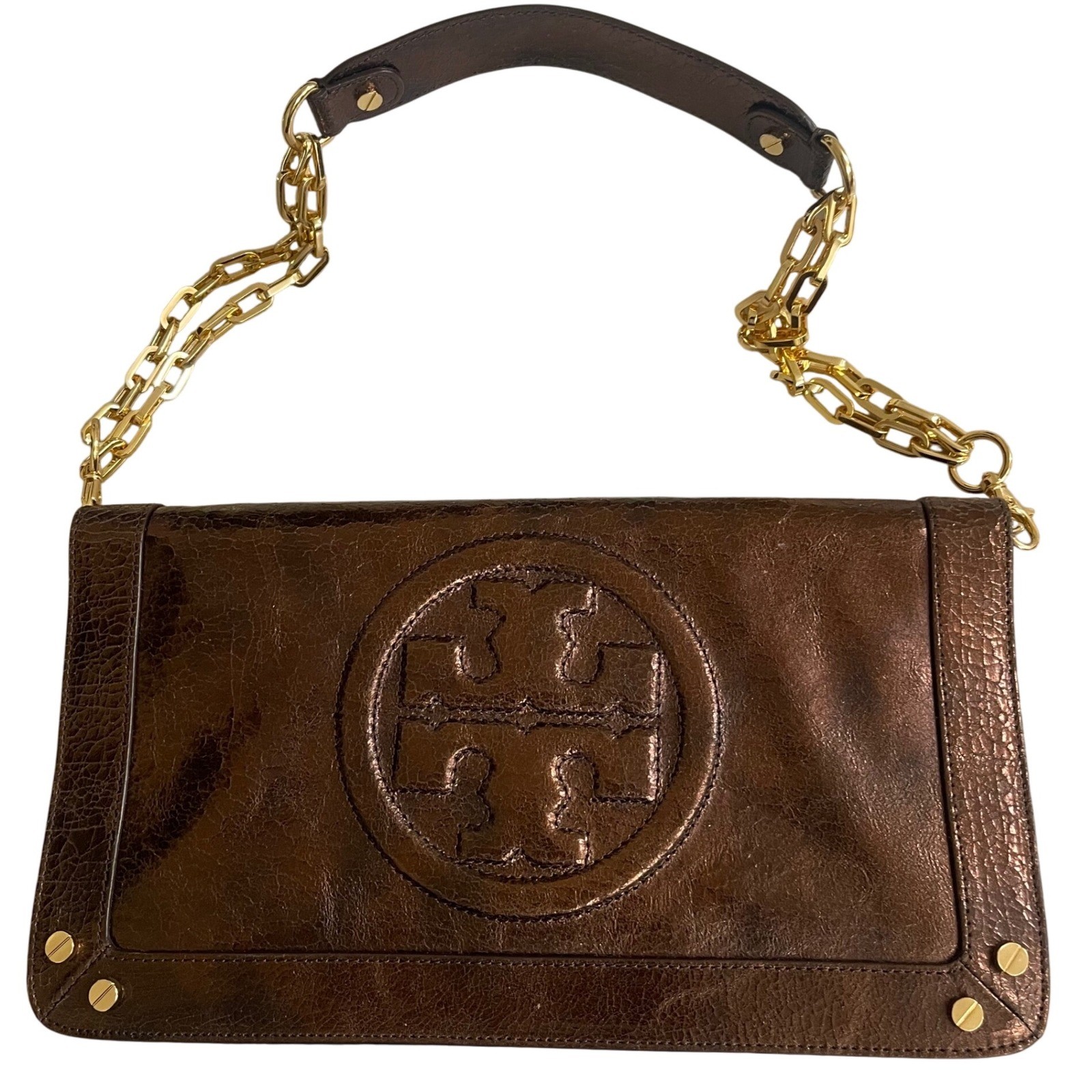 TORY BURCH REVA METALLIC COPPER/BRONZE DISTRESSED LEATHER CLUTCH SHOULDER BAG