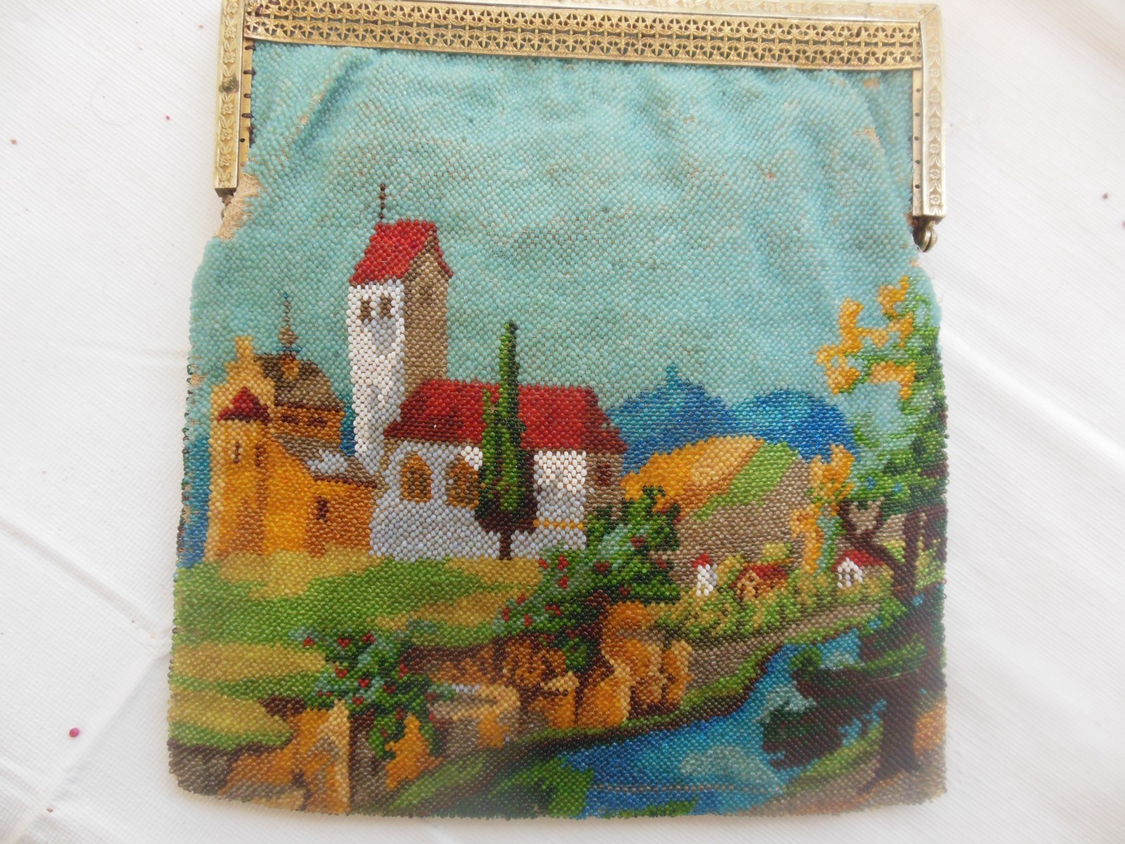 Large Antique Hand-Beaded Purse w European Village on Cliffside River Scene