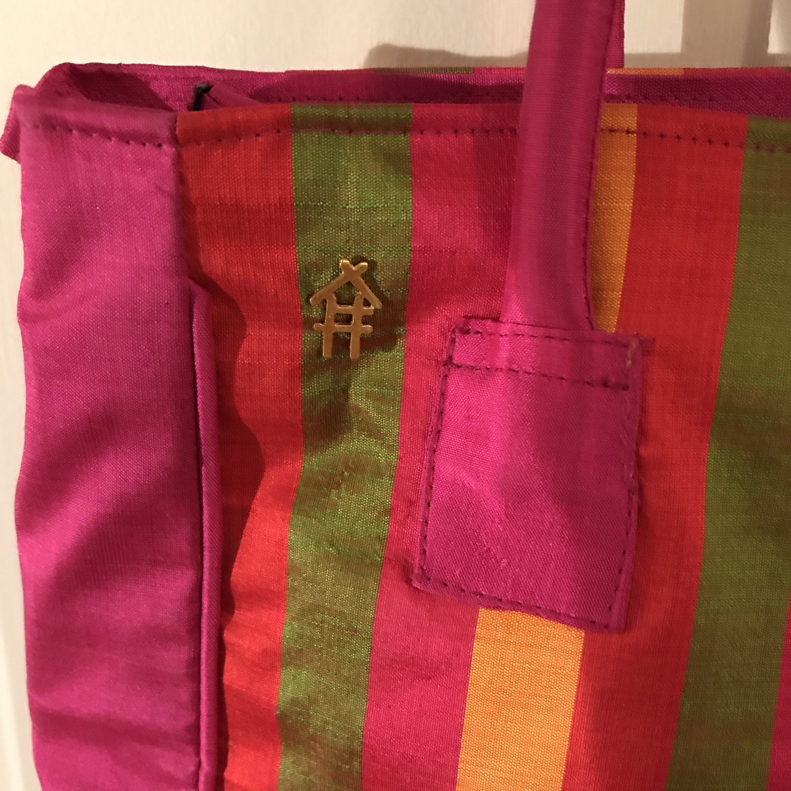 Handmade Cambodian Silk Striped Tote Bag, Zip Top, Cotton Lined, Inner Pockets
