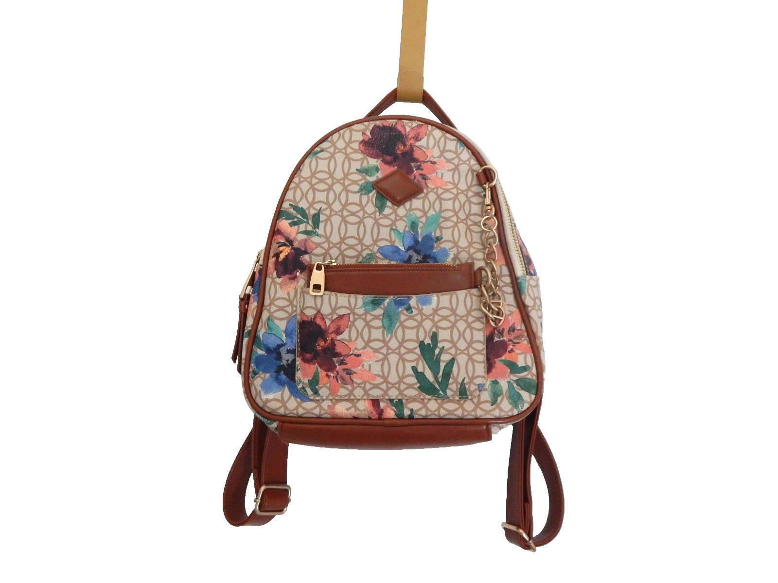 Backpack Purse, Tan With Pink and Green Floral Design, 10 Inch Depth, Coin Purse