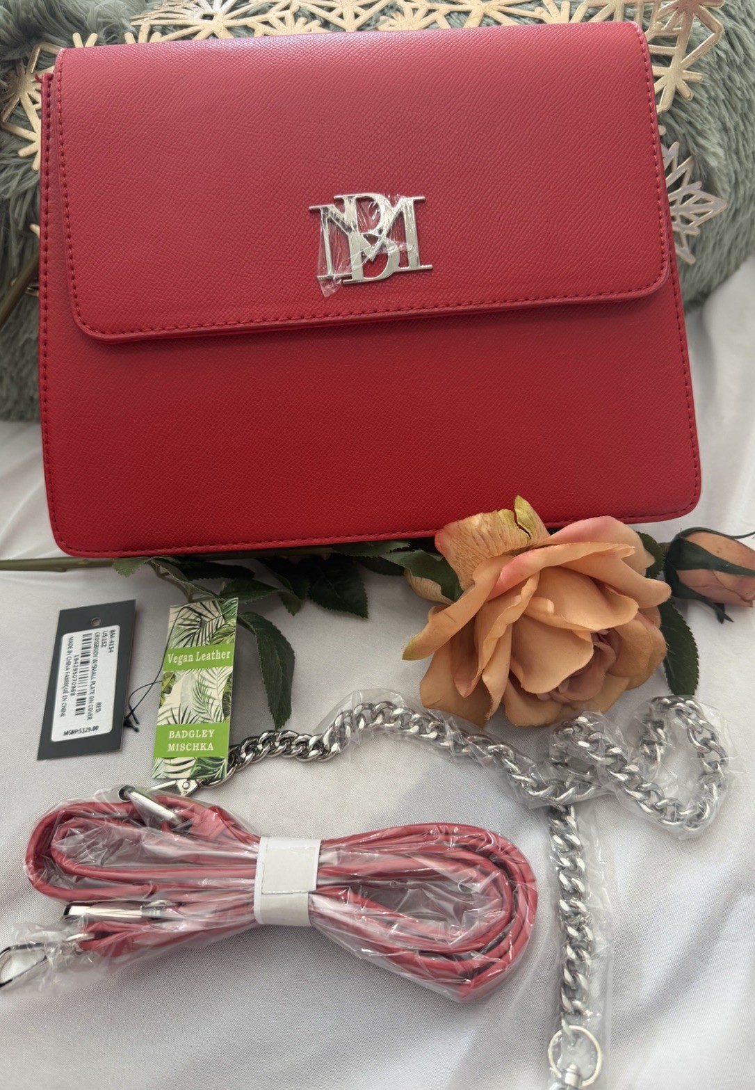 Badgley Mishka BM-4154 Red Crossbody Chain Handle Purse Vegan Leather Logo NWOT