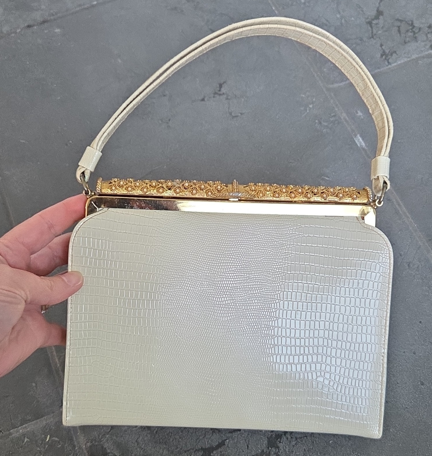 Vintage After Five Croc Embossed Top Handle Pearl Clasp Lined
