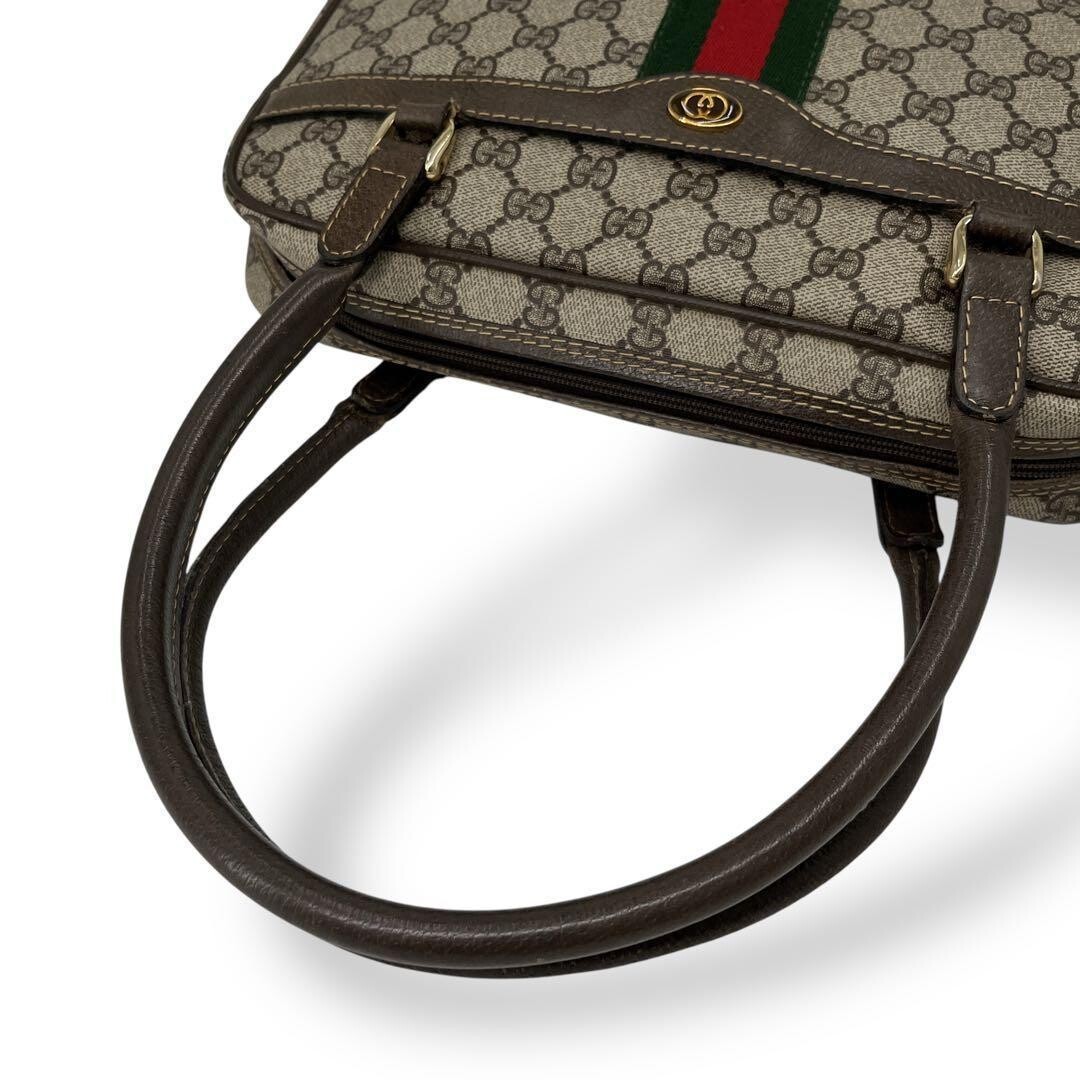 Gucci Mini Boston GG Supreme Web Stripe Handbag Beige Brown Auth