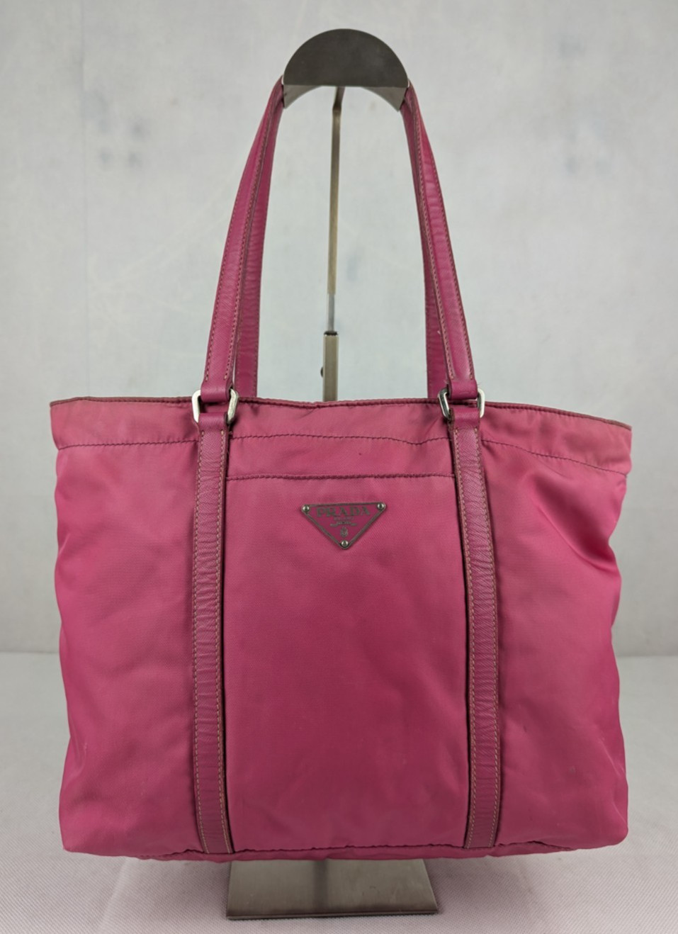 Vintage Prada Tessuto Nylon Leather Tote Shoulder bag pink Made in Italy.