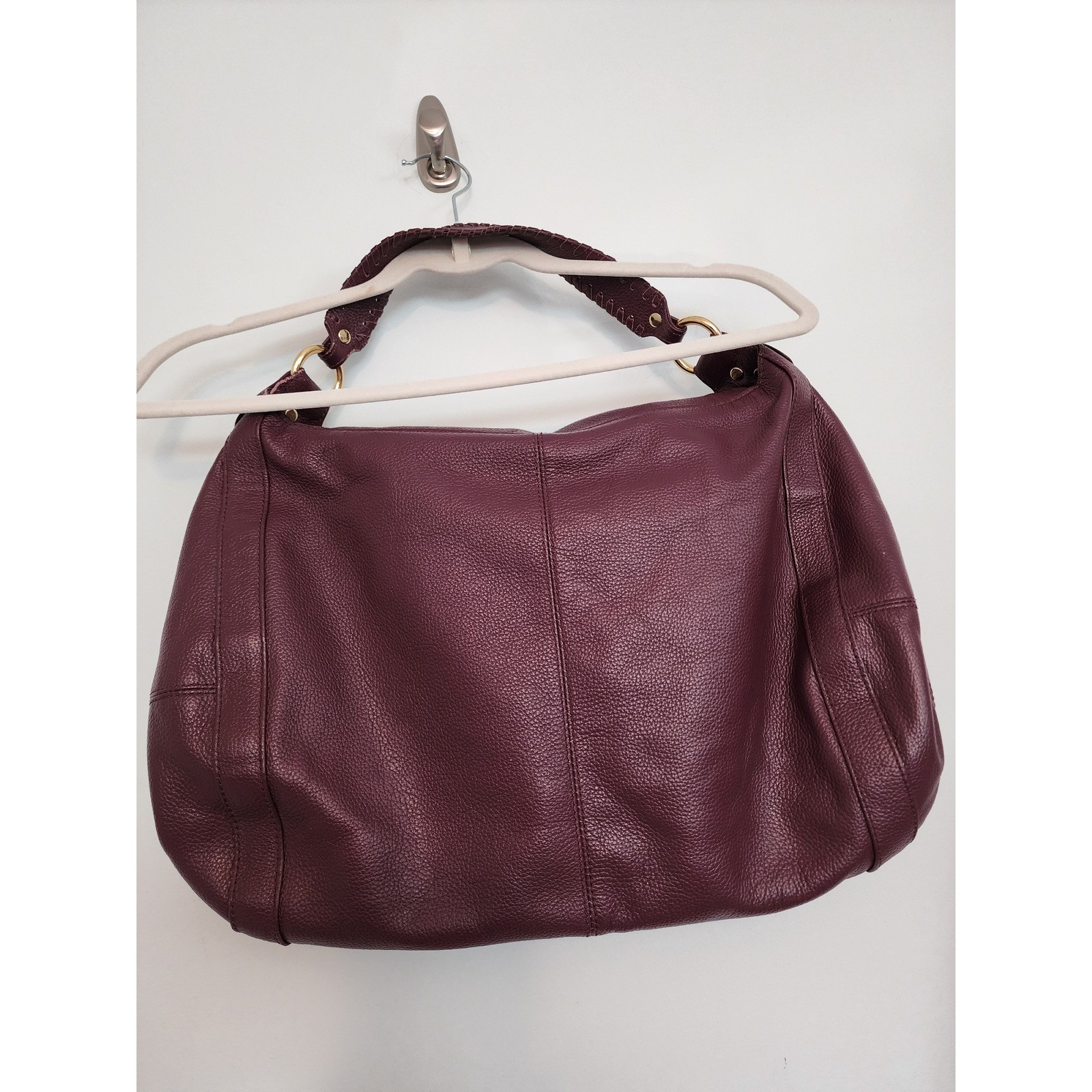 Onna Ehrlich Plum Pebbled Leather Hobo Bag Whipstitch Tassel Gold Hardware