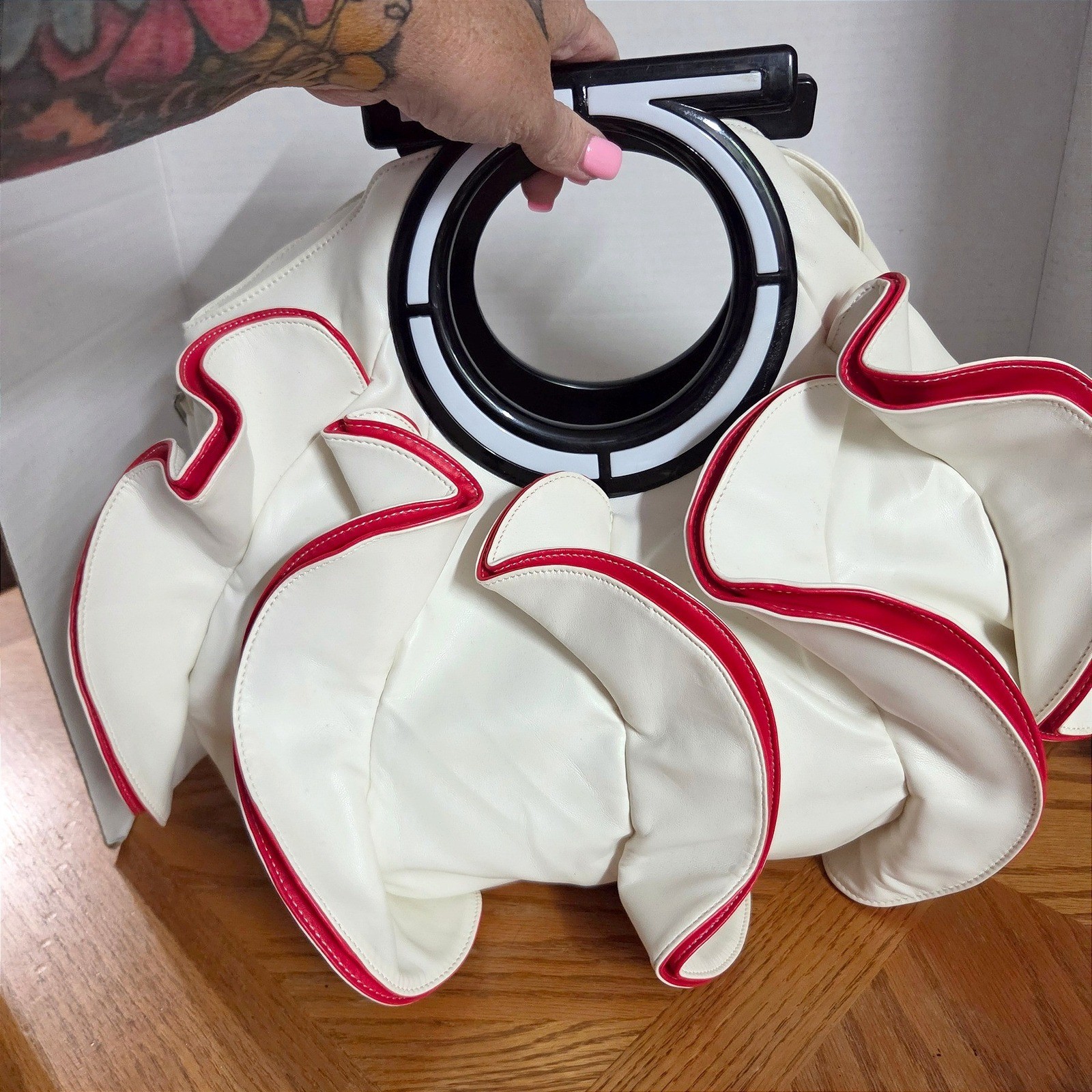 Cream Ruffle Handbag Red Piping Sculptural Resin Handle Avant Garde Bag