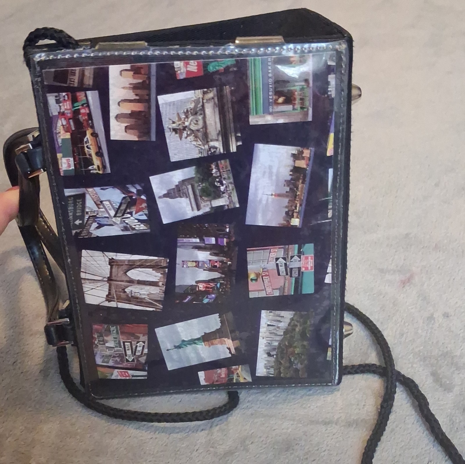 Black Photo Collage Satchel Top Handle Bag w/ Shoulder Strap Snap Statue Liberty