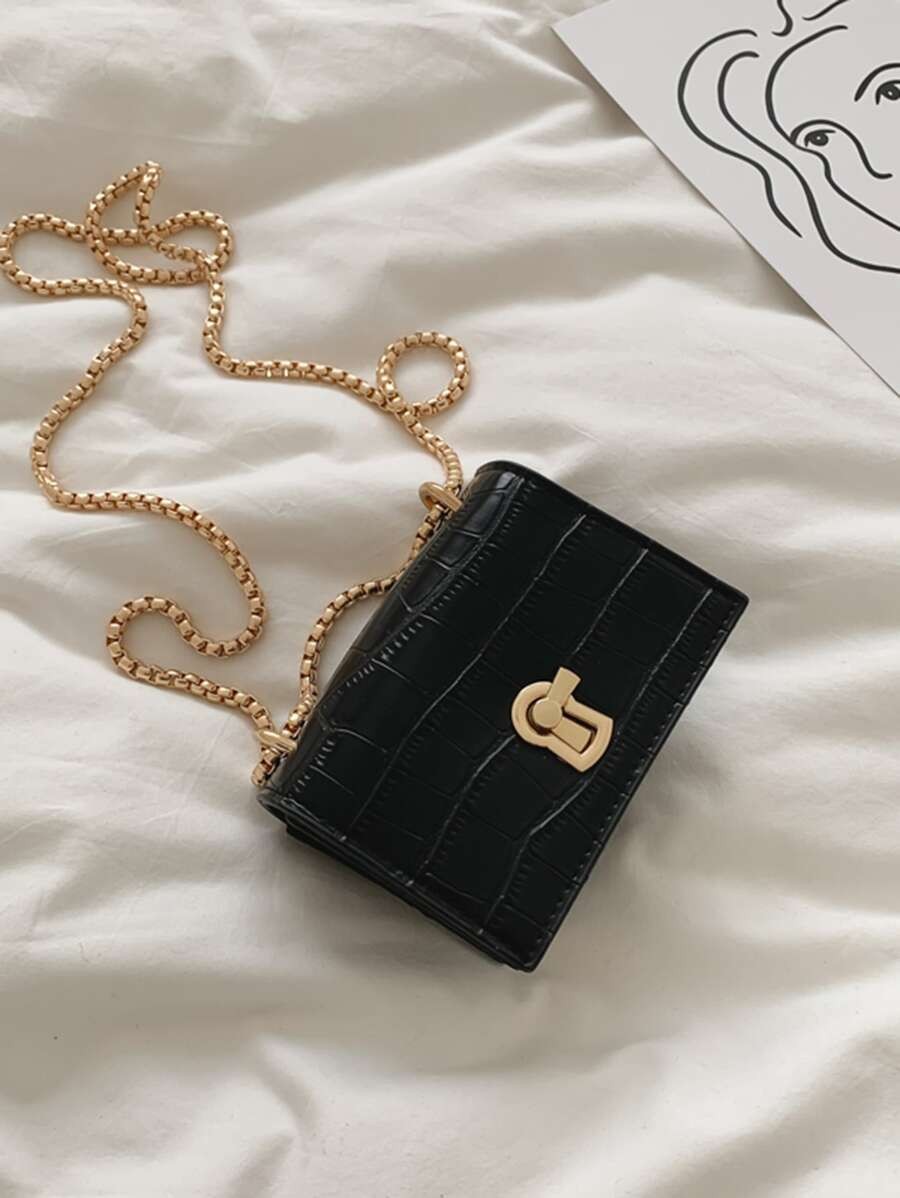 Mini Square Bag Turn Lock Chain Strap Fashionable Shoulder Crossbody Purse
